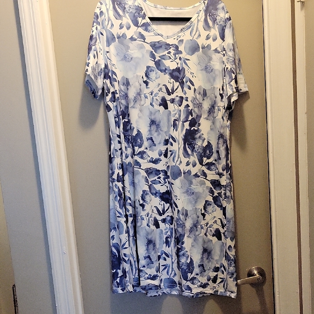 Ladies Sz XXL Floral Blue and White Dress
